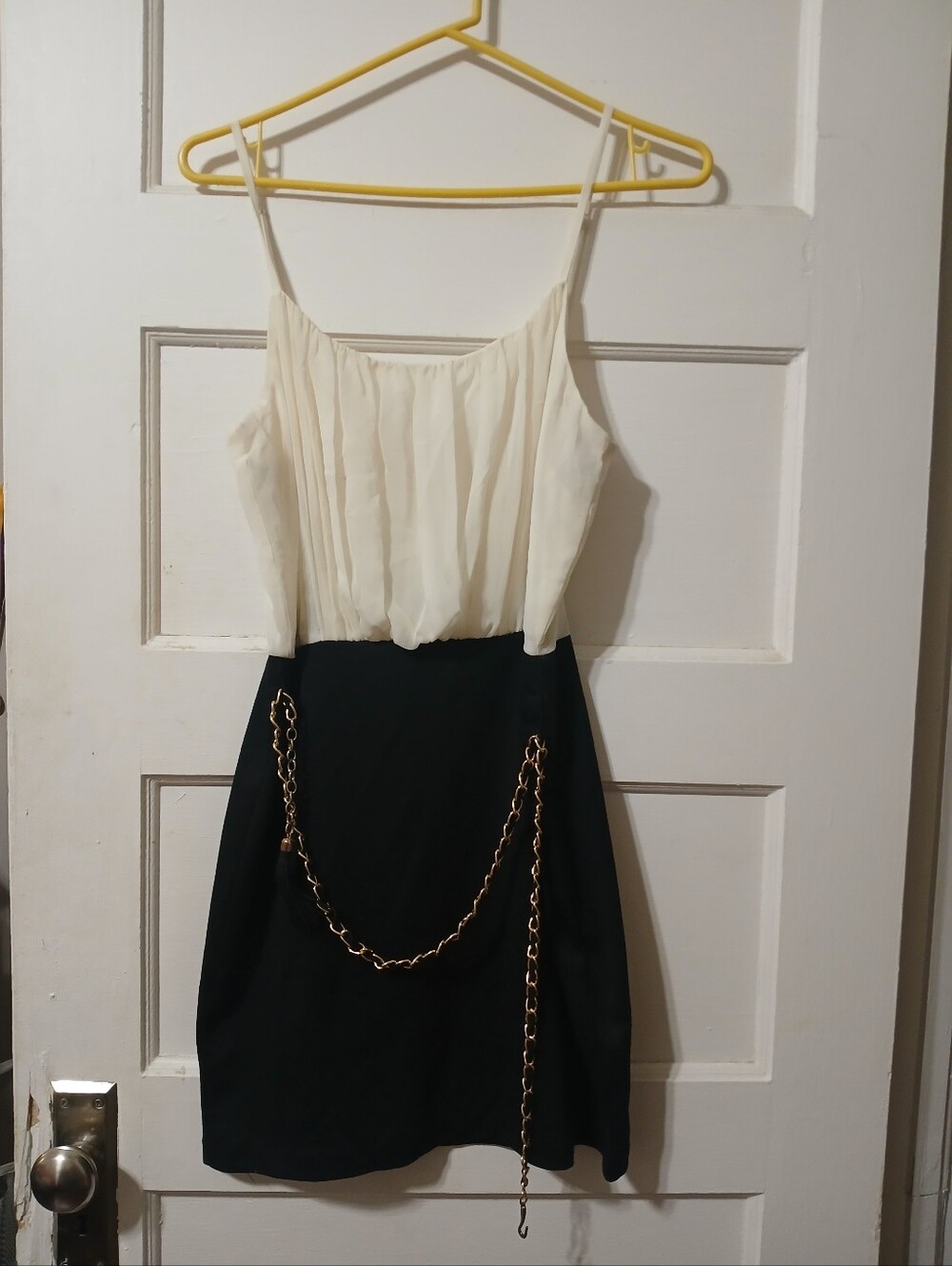 Chiffon Bodice Two-Tone Black and Cream Dress with Chain Detail